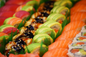 Assorted sushi arranged on a platter