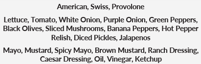 List of Condiments, Cheese, and Vegetables