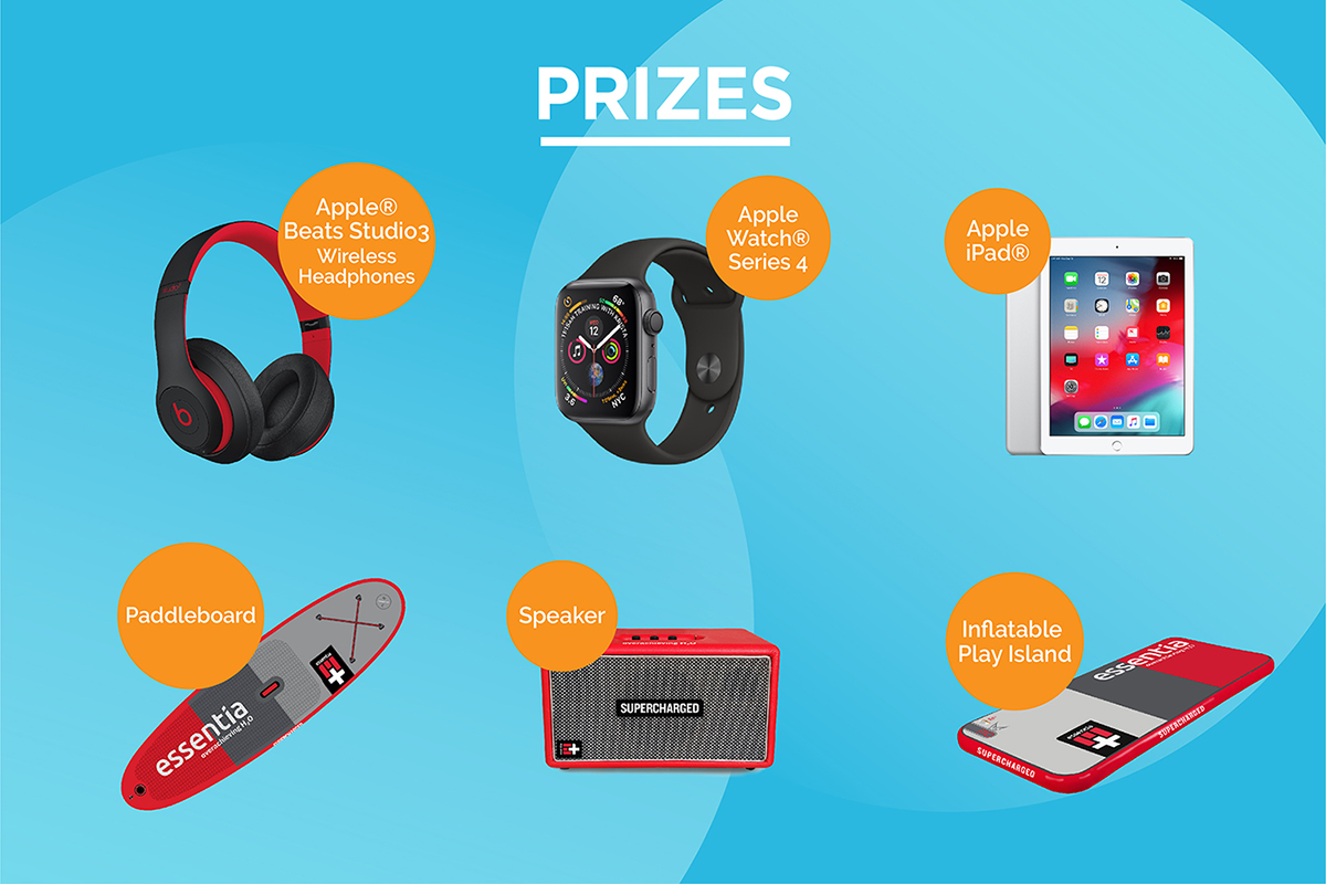 Prizes: Apple Beats Headphones, Apple Watch, Apple iPad, Paddleboard, Speaker, Inflatable Play Island 