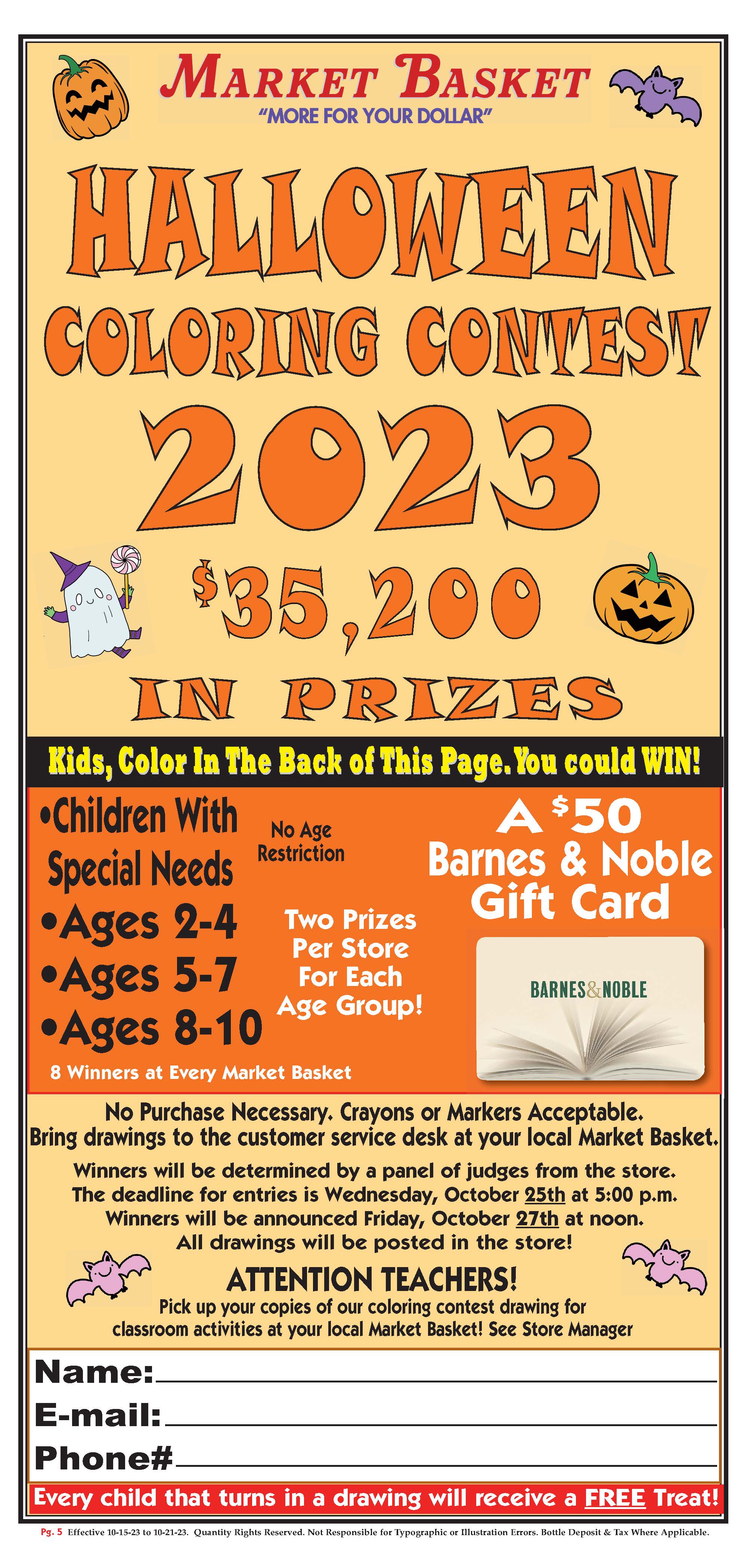 Market Basket's annual Halloween Coloring Contest is back! Find your  coloring sheet in this week's flyer, stop by any store location for a…