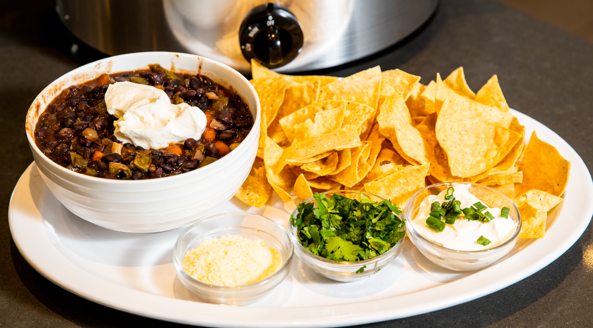Black Bean Soup with Chips and Dips