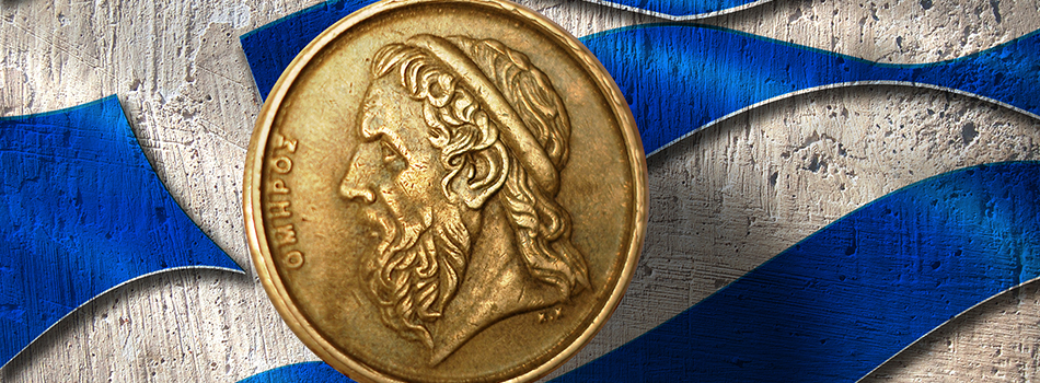 A gold coin in front of a Greek flag backdrop