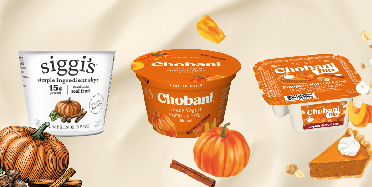 Siggi's Pumpking and Spice, Chobani Pumpkin Spice, and Chobani Flip Fall Harvest